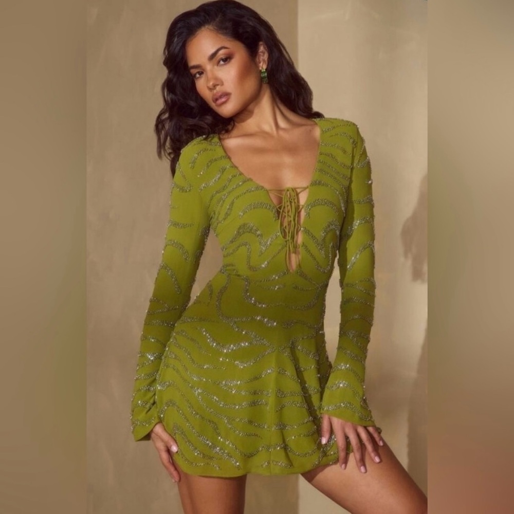 Oh Polly Olive Long-Sleeve Dress
